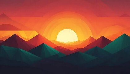 Geometric landscape with a bright sun setting behind mountain peaks and a colorful sky gradient
