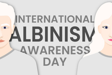 International Albinism Awareness Day vector. Illustrated albino male and female couple together against the event-titled backdrop. Genetic disorder awareness campaigns.