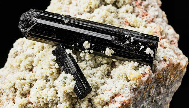 Aegirine (dark crystals) with feldspar inclusions (light areas). 