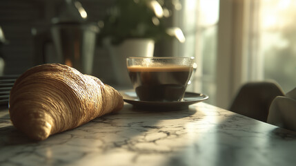 Fresh Croissant and Espresso in Morning Light at a French Cafe