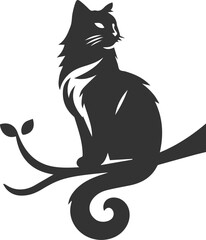 Cat with tree branch vector silhouette