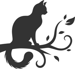 Cat with tree branch vector silhouette