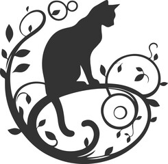 Cat with tree branch vector silhouette