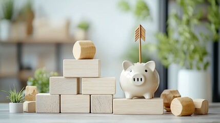 Wooden blocks and piggy bank, symbolizing savings and investment goals