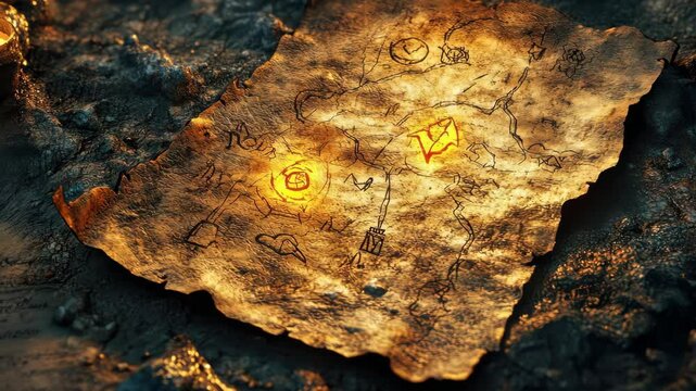 Realistic depiction of an ancient treasure map with glowing symbols, detailed textures, isolated with dark and dramatic background for adventurous atmosphere.