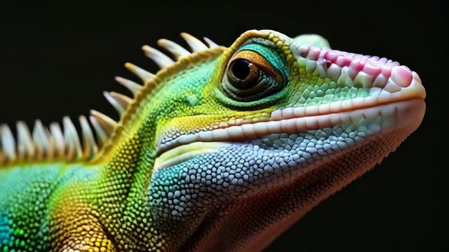 Vibrant Plumed Basilisk Lizard Portrait, Close-up, Jewel-toned Scales