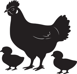 Black vector silhouette of a hen and chick on a white background