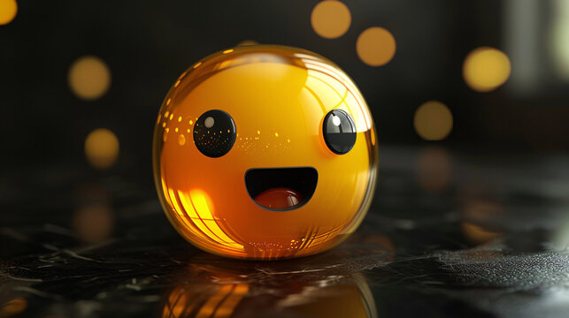 A vibrant yellow chat bubble icon with a cute, smiling face and decorative golden elements, isolated on a clean, black background for social media applications
