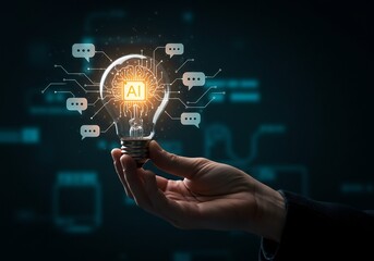 Fototapeta premium Hand Holding Illuminated Lightbulb with AI Circuitry and Communication Bubbles