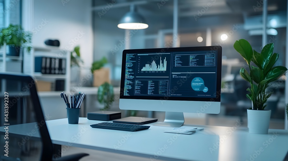 Poster modern workspace with imac displaying data analytics and code. clean desk with plants, keyboard, and