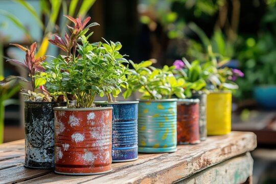 Colorful recycled tin cans as plant pots in outdoor garden setting
