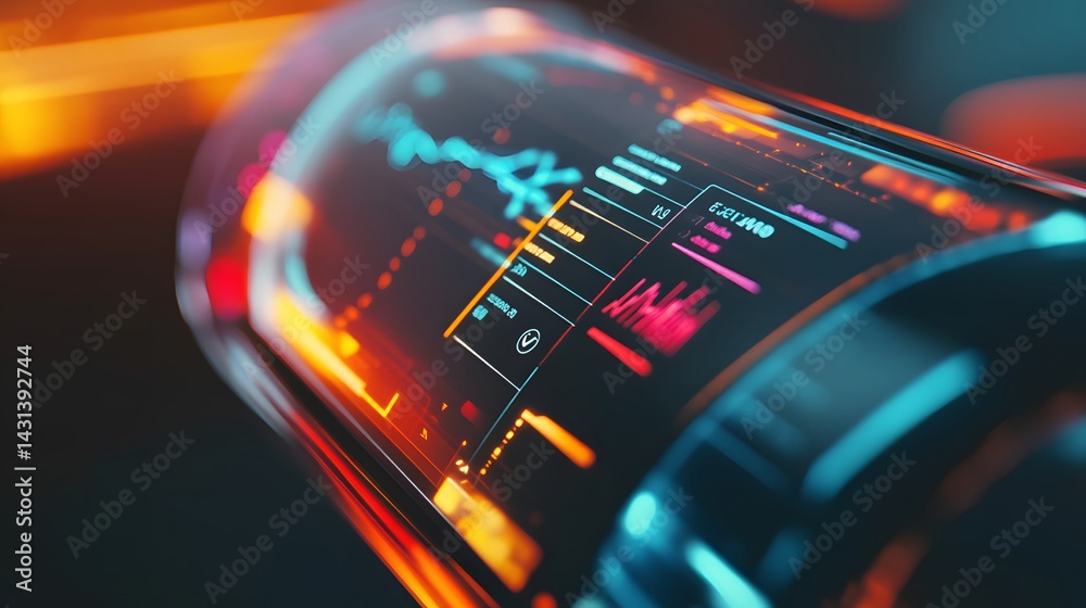 Aufkleber close-up of a futuristic curved screen displaying vibrant data graphs and digital information in sha