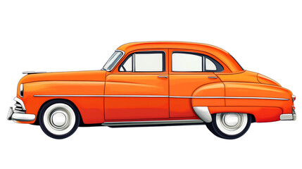 Classic orange car side view, white isolated background.