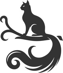 Cat with tree branch vector silhouette