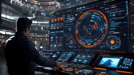 A man sits at a futuristic control console, monitoring multiple screens displaying complex data and graphics.