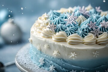 Fototapeta premium Frosted cake decorated with snowflakes and blue icing Generative AI