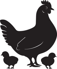 Black vector silhouette of a hen and chick on a white background