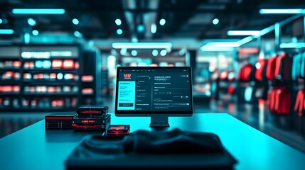 A futuristic retail store with a computer displaying inventory management software. Stacks of product boxes are on the counter. The background is blurred, showing clothing racks and neon lighting.