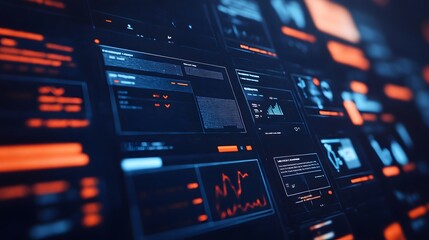 Close-up shot of a futuristic digital interface displaying various data, graphs, and charts in shades of blue and orange.