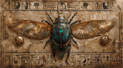 A vintage-inspired design of an Egyptian scarab amulet, featuring gold and precious gems, set against an antique scroll with hieroglyphs and ancient symbols