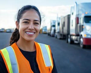 Hispanic woman coordinating logistics operations at a busy transportation dock, overseeing truck movements and managing cargo distribution in a large warehouse facility during working hours.