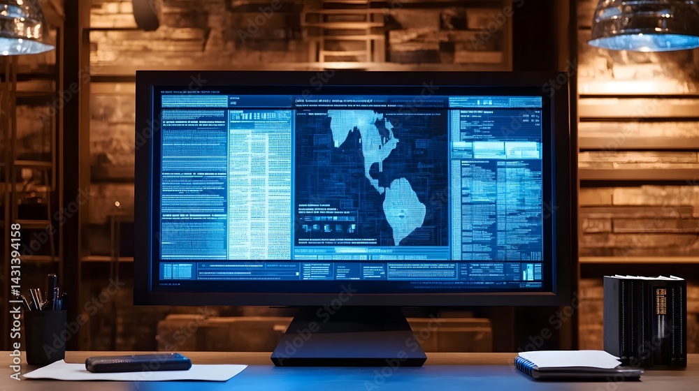Poster a large monitor displays a world map and data streams in a dimly lit room. the screen glows with blu