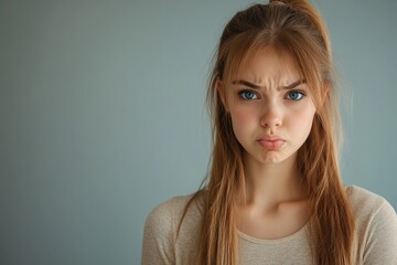 Fototapeta premium Sad woman expressing frustration and disappointment with a playful gesture against a neutral background in a stock portrait style