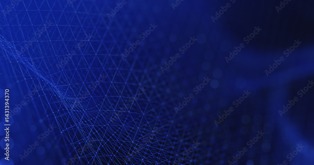 Poster interconnected blue dots and lines form a geometric pattern across a dark blue tech background, illu