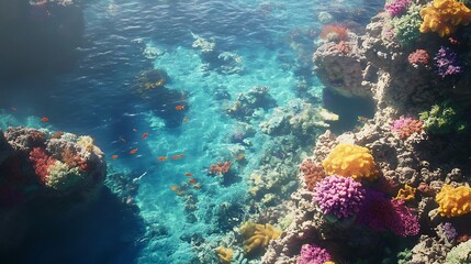 Fototapeta premium Vibrant Underwater Coral Reef with Orange Fish and Sunlight