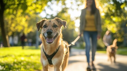 Hispanic woman walking her dog in a local neighborhood park during a sunny day, surrounded by green trees, other pet owners, and relaxed urban energy in a moment of everyday companionship