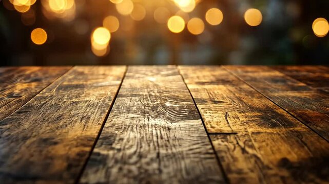 Wooden planks sparkle with blurred bokeh lights background, product mockup display