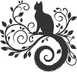 Cat with tree branch vector silhouette