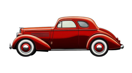 Classic red car, side view, white isolated background