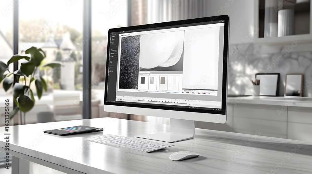 Aufkleber modern workspace with desktop computer displaying design software. clean white desk, keyboard, mouse