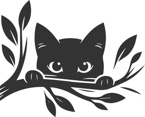 Cat with tree branch vector silhouette