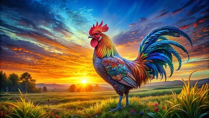 Fototapeta premium Adult Coloring Book Page: Intricate Rooster Design, Double Exposure Style