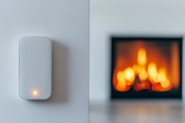 Smart thermostat beside a cozy fireplace.