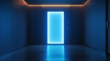 A glowing blue door in a modern hallway.