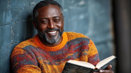 Smiling man in colorful sweater reading book against a textured wall