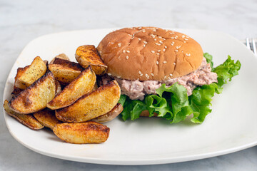 ham salad  with seasoned potato wedges