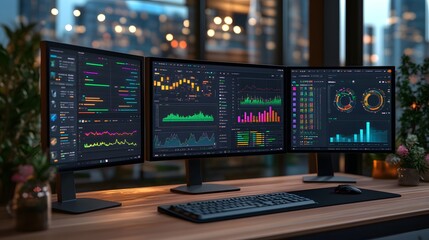Obraz premium Three monitors display vibrant financial charts and data in a modern, dimly lit office setting. A keyboard and mouse are on a wooden desk, suggesting active trading.