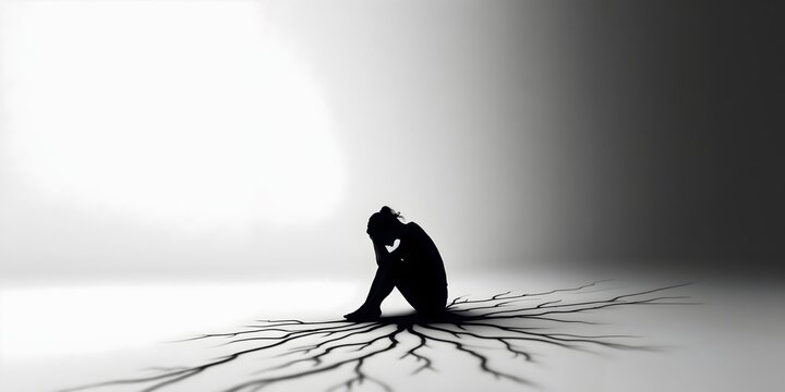 A black silhouette of a woman sits against white space with gray gradients. Lines extend downward resembling roots, expressing loneliness