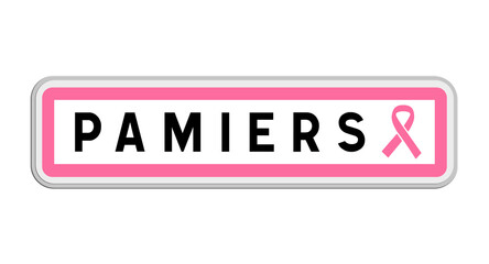 Panneau de sortie de Pamiers, Ariège, Occitanie avec Ruban Octobre Rose