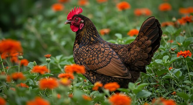 Ornamental golden sebright chicken amidst vibrant orange flowers in lush meadow