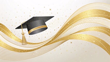 Black and Gold Graduation Cap With Sparkling Abstract Swirls and Starry Background