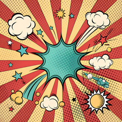 Retro Comic Explosion Pop Art Background with Stars and Clouds