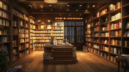 Obraz premium Cozy library with wooden shelves and books.