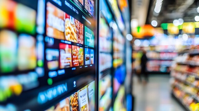 Close-up of a digital menu board in a supermarket, showcasing various food items. The background is a blurred aisle with shelves stocked with products, creating a vibrant and busy atmosphere.