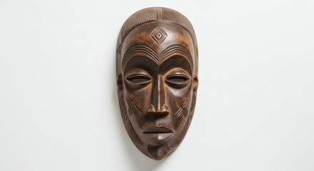 african tribal wooden mask with traditional carving isolated on white background. Generative AI