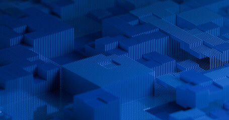 Abstract, geometric arrangement of small, blue, cube-like structures in varying heights creates a textured, three-dimensional landscape, representing digital technology. 3D render